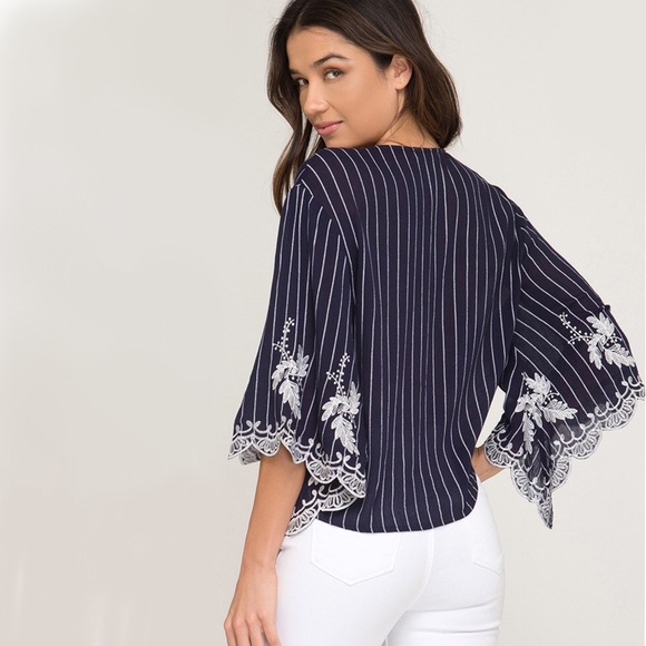 Blue Floral Striped Tie Front Bell-Sleeve Top - Picture 2 of 9